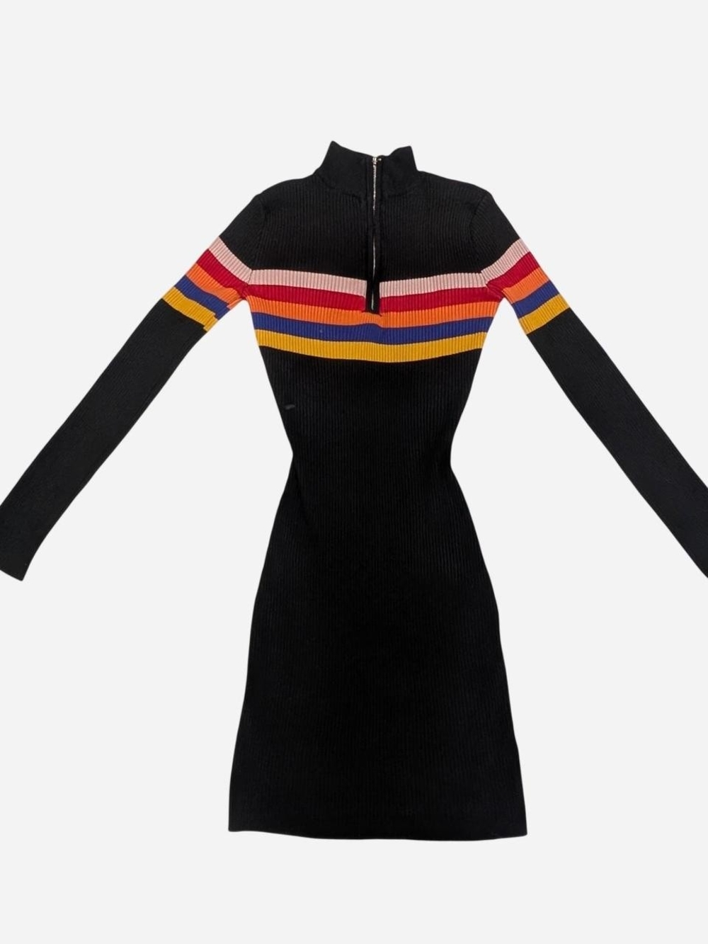 Almost Famous Black Ribbed Knit Dress with Multicolor Stripe Yoke